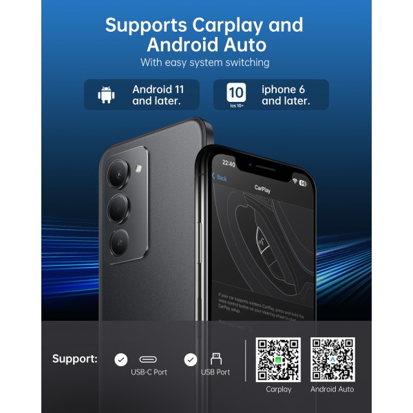 ZasLuke Wireless CarPlay Adapter, 2-in-1 Wireless CarPlay and Android Auto Adapter, Fast Stable Connection, Plug and Play & No Delay, Compatible with iPhone/iOS 10+ and Android 11+
