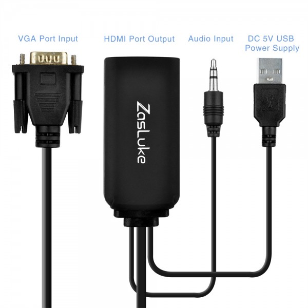 ZasLuke VGA to HDMI Output 1080P Adapter with 3.5mm Audio Cable and USB Power Cable for connecting Old PC to New HDMI input TV and Monitor