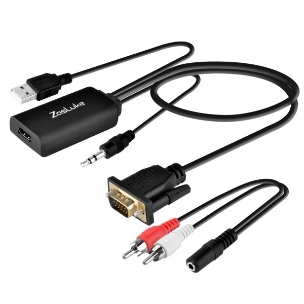 ZasLuke VGA to HDMI Output 1080P Adapter with 3.5mm Audio Cable and USB Power Cable for connecting Old PC to New HDMI input TV and Monitor