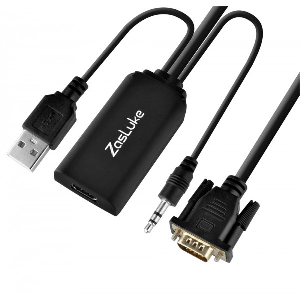 ZasLuke VGA to HDMI Output 1080P Adapter with 3.5mm Audio Cable and USB Power Cable for connecting Old PC to New HDMI input TV and Monitor