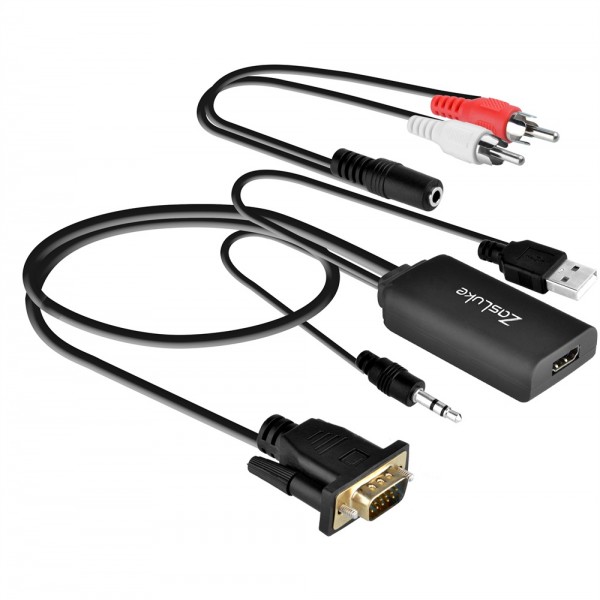 ZasLuke VGA to HDMI Output 1080P Adapter with 3.5mm Audio Cable and USB Power Cable for connecting Old PC to New HDMI input TV and Monitor